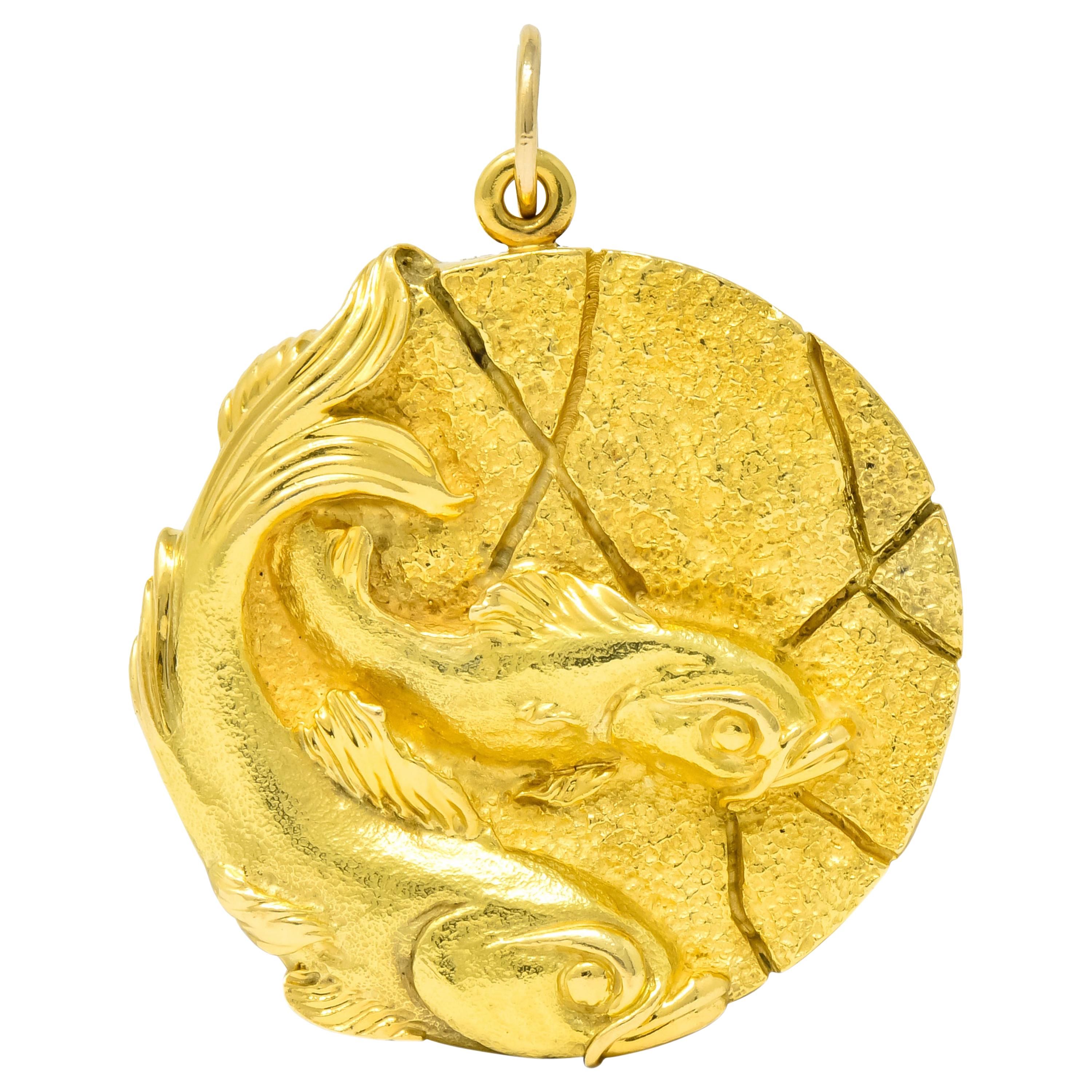 Tiffany & Co. 18 Karat Yellow Gold Pisces Zodiac Large Medallion Pendant, 1970s