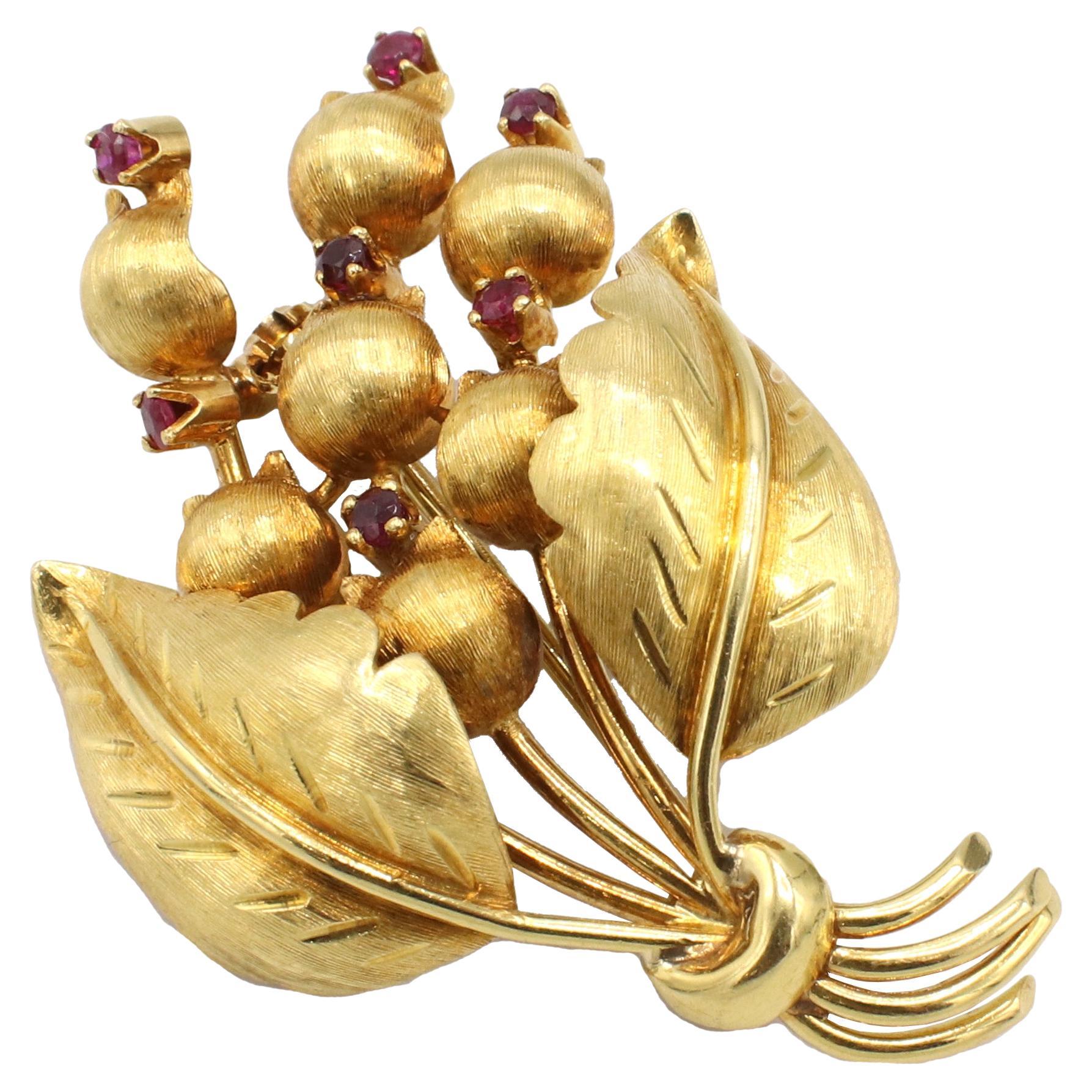 Tiffany & Co. 18 Karat Yellow Gold Ruby Flower Brooch Pin