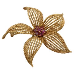 Tiffany & Co. 18 Karat Yellow Gold Ruby Flower Pin Brooch