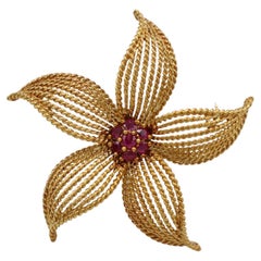 Tiffany & Co. 18 Karat Yellow Gold Ruby Flower Pin Brooch
