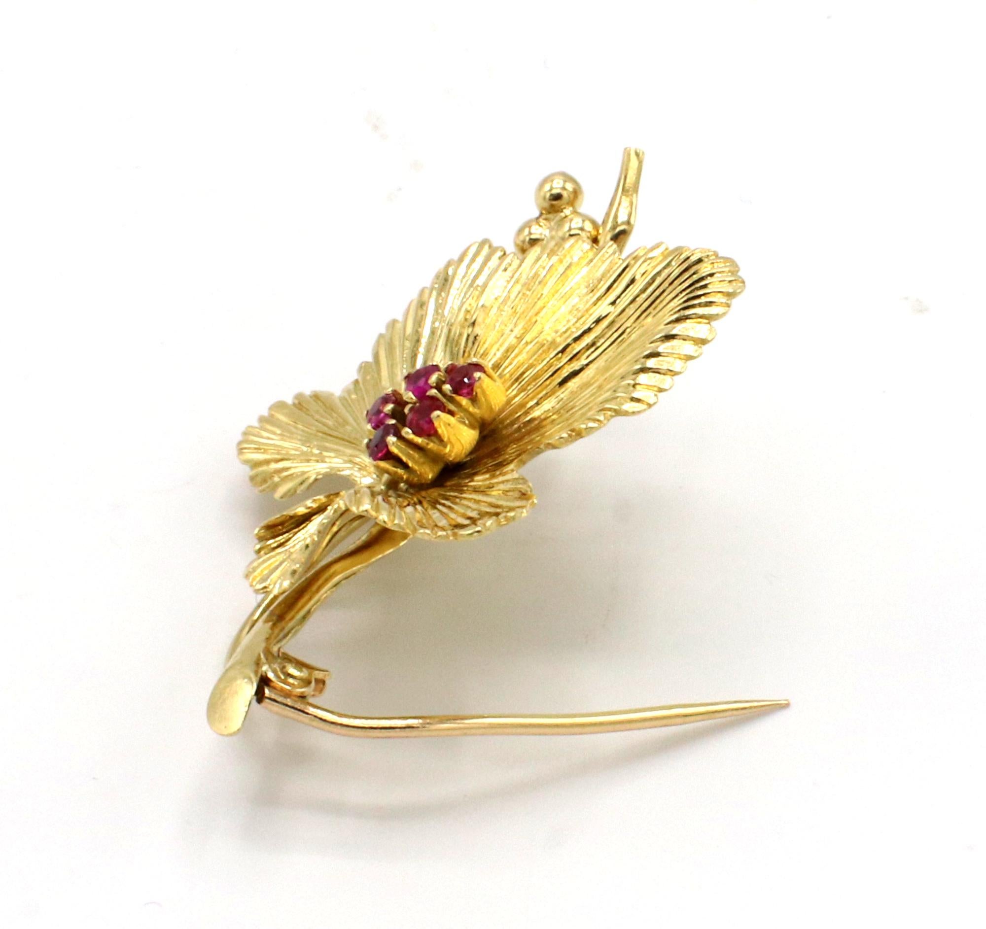 Round Cut Tiffany & Co. 18 Karat Yellow Gold Ruby Leaf Pin Brooch