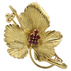 Tiffany & Co. 18 Karat Yellow Gold Ruby Leaf Pin Brooch