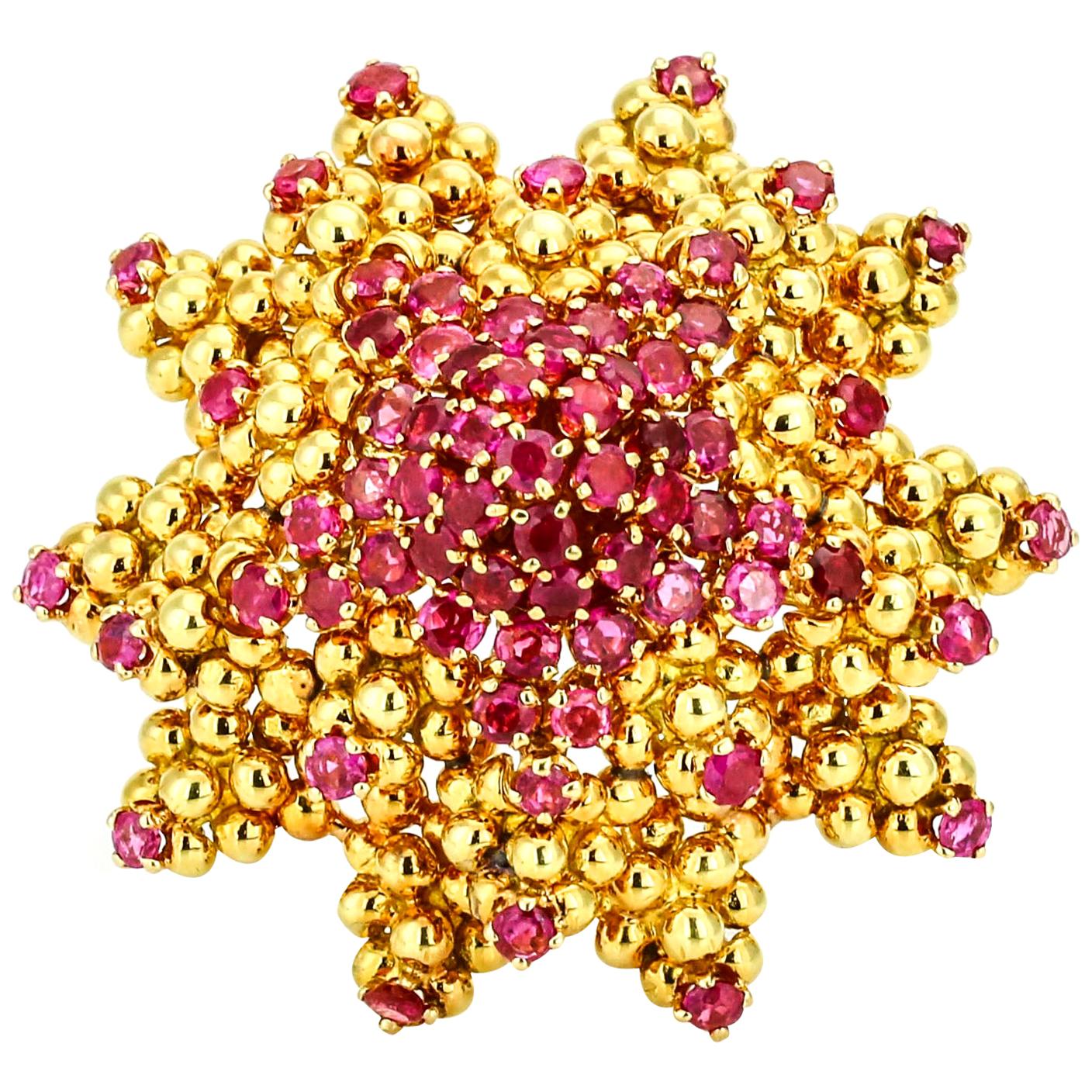 Tiffany & Co. 18 Karat Yellow Gold Ruby Sun Starfish Brooch For Sale