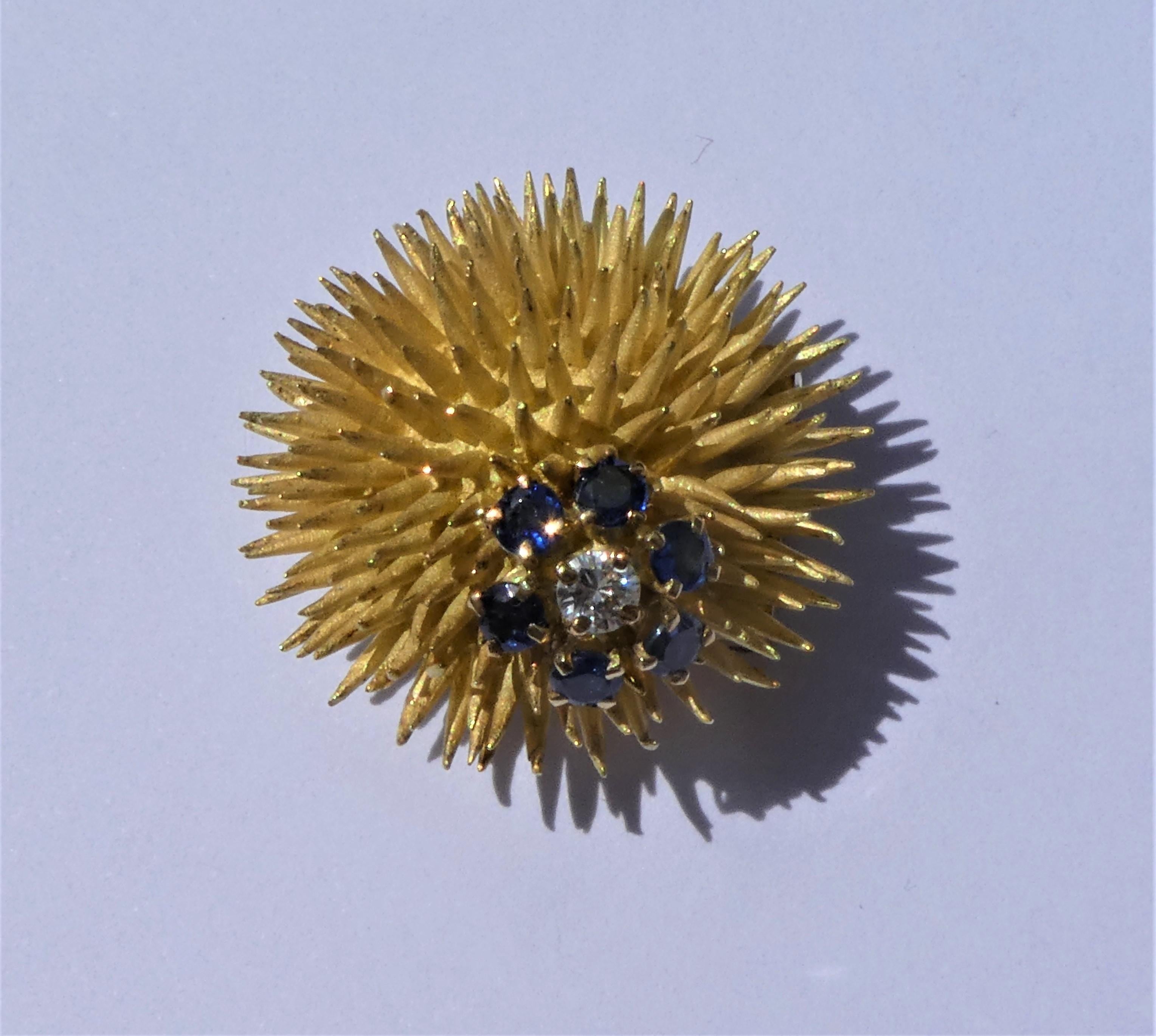 Tiffany & Co. 18 Karat Gold Sapphires Diamond 1970s Sea Urchin Clip Brooch 1