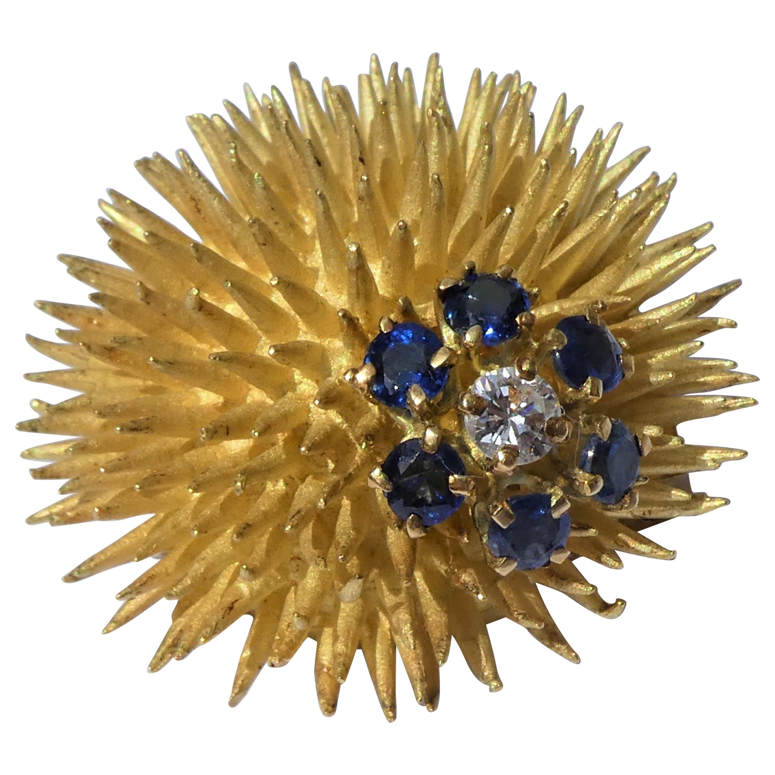 Tiffany & Co. 18 Karat Gold Sapphires Diamond 1970s Sea Urchin Clip Brooch