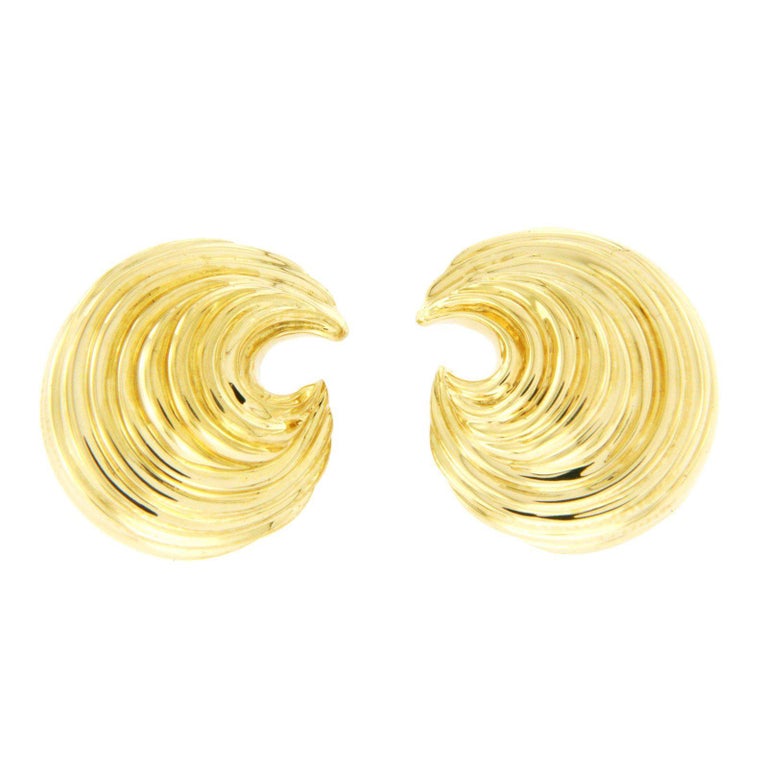 Tiffany and Co. 18 Karat Yellow Gold Spiral Wave Earrings at 1stDibs