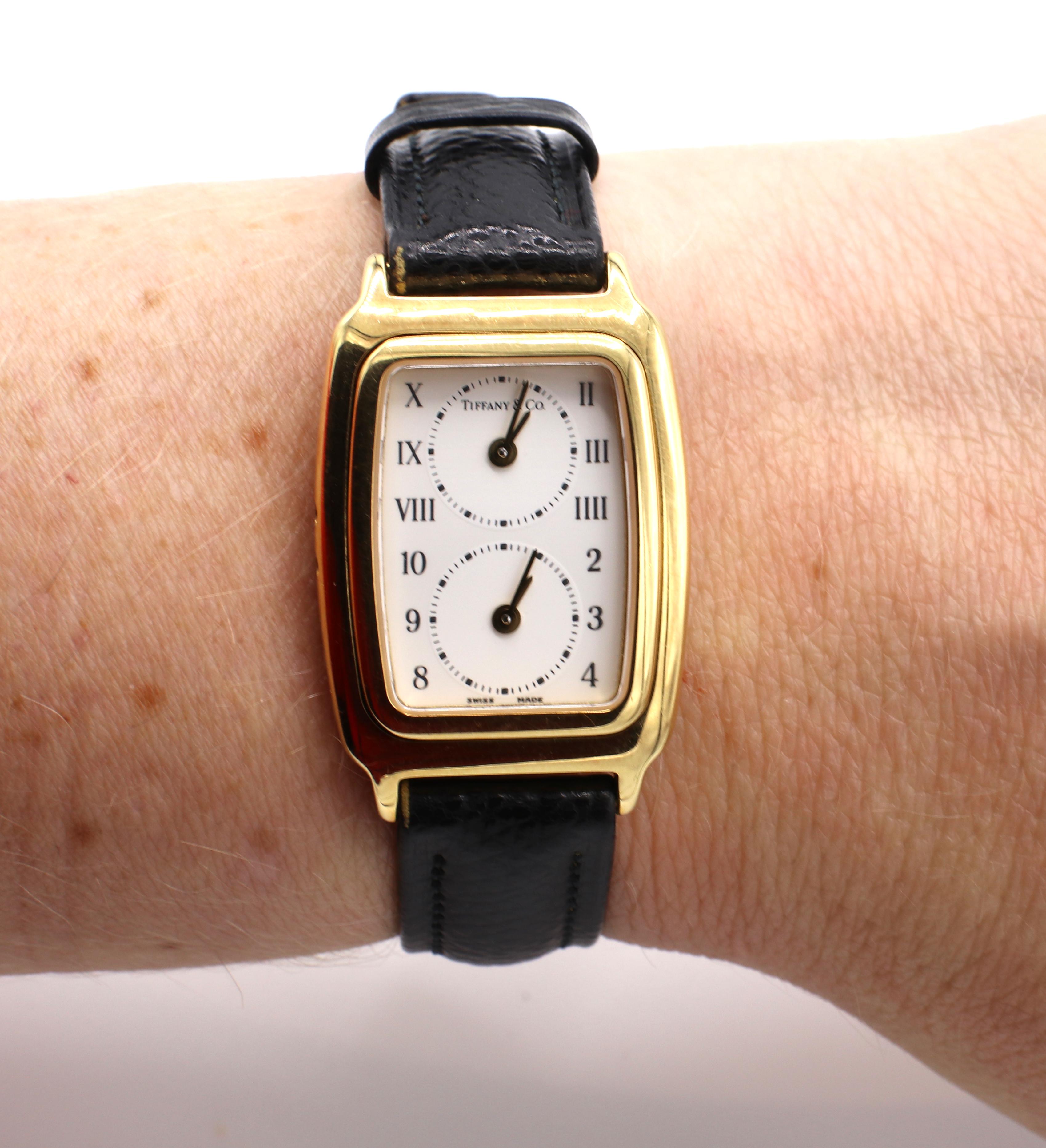 Tiffany & Co. 18 Karat Yellow Gold Tank Dual Time Zone Watch L203 In Good Condition In  Baltimore, MD