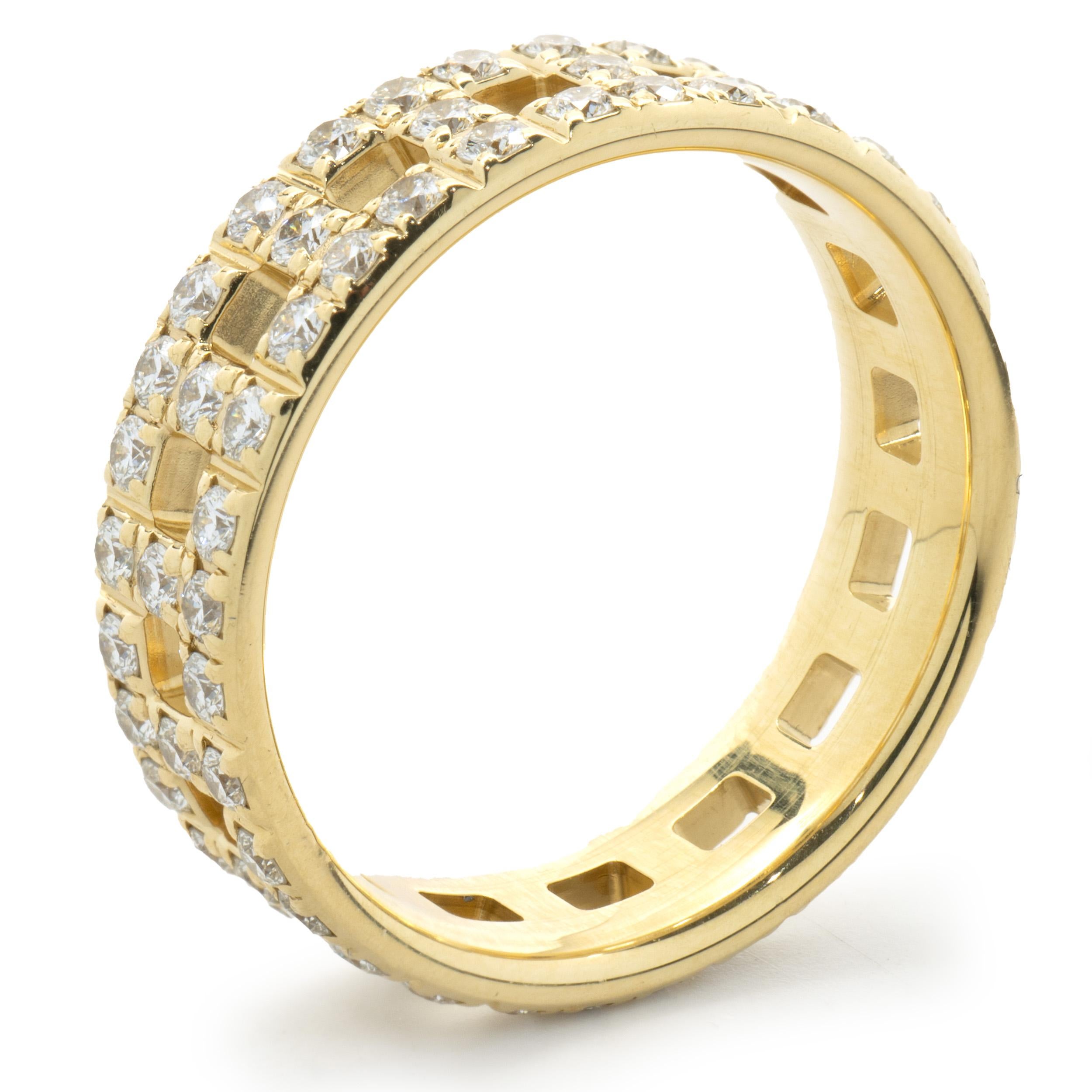 Designer: Tiffany & Co. 
Material: 18K yellow gold
Diamond: 80 round brilliant cut = 0.99cttw
Color: G
Clarity: VS1-2
Dimensions: ring top measures 6mm wide
Weight: 4.51 grams
Size: 6

No box or papers included