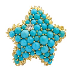 Tiffany & Co, 18 Karat Yellow Gold, Turquoise & Diamond Starfish Brooch Pin