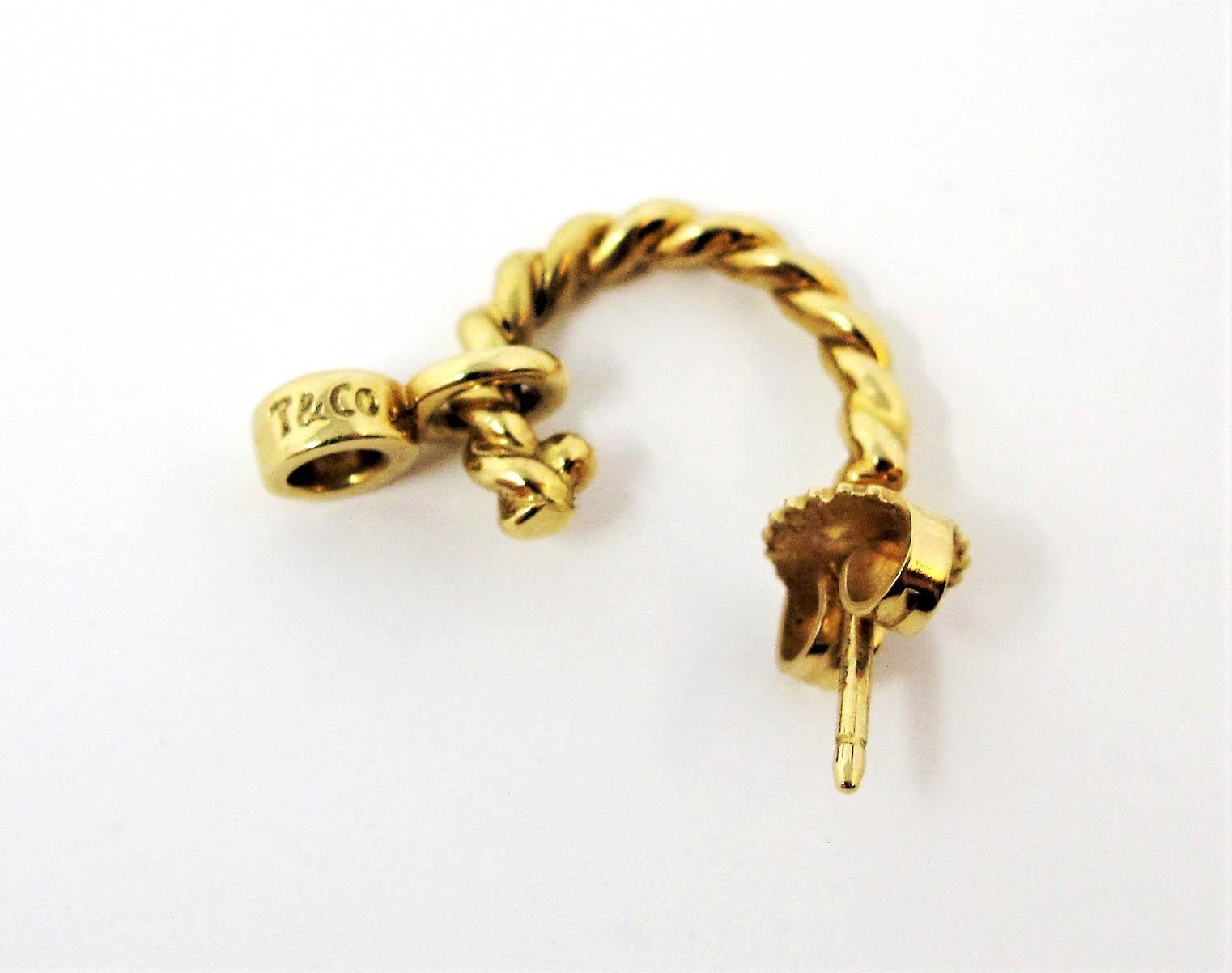 Tiffany & Co. 18 Karat Yellow Gold Twisted Hoop Earrings with Diamond Dangle 2