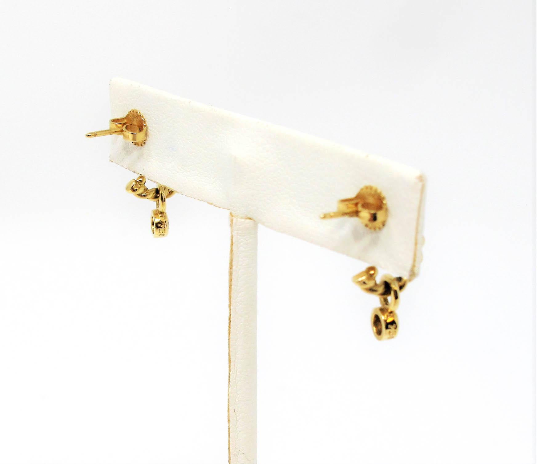Round Cut Tiffany & Co. 18 Karat Yellow Gold Twisted Hoop Earrings with Diamond Dangle