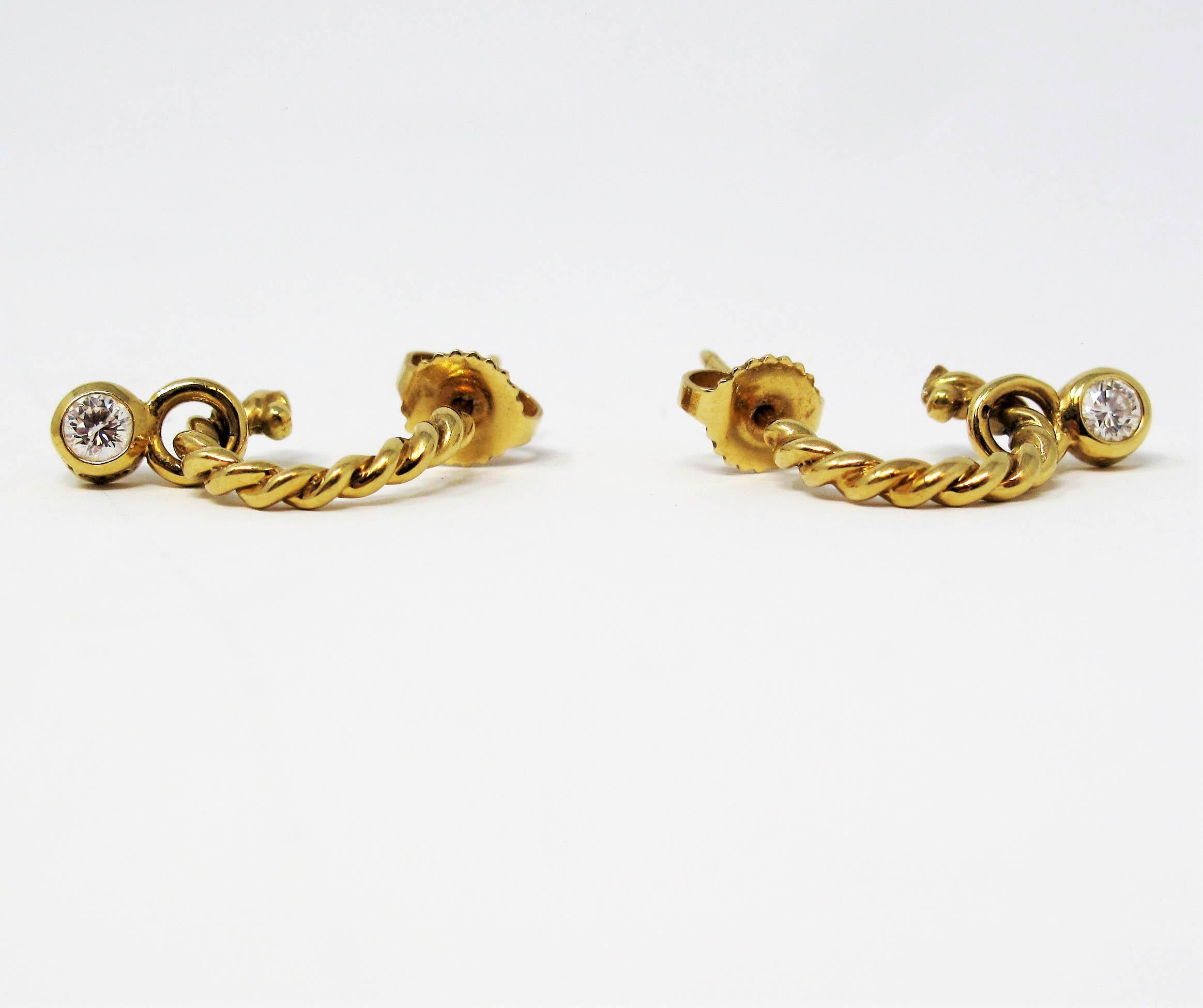 Tiffany & Co. 18 Karat Yellow Gold Twisted Hoop Earrings with Diamond Dangle In Good Condition In Scottsdale, AZ