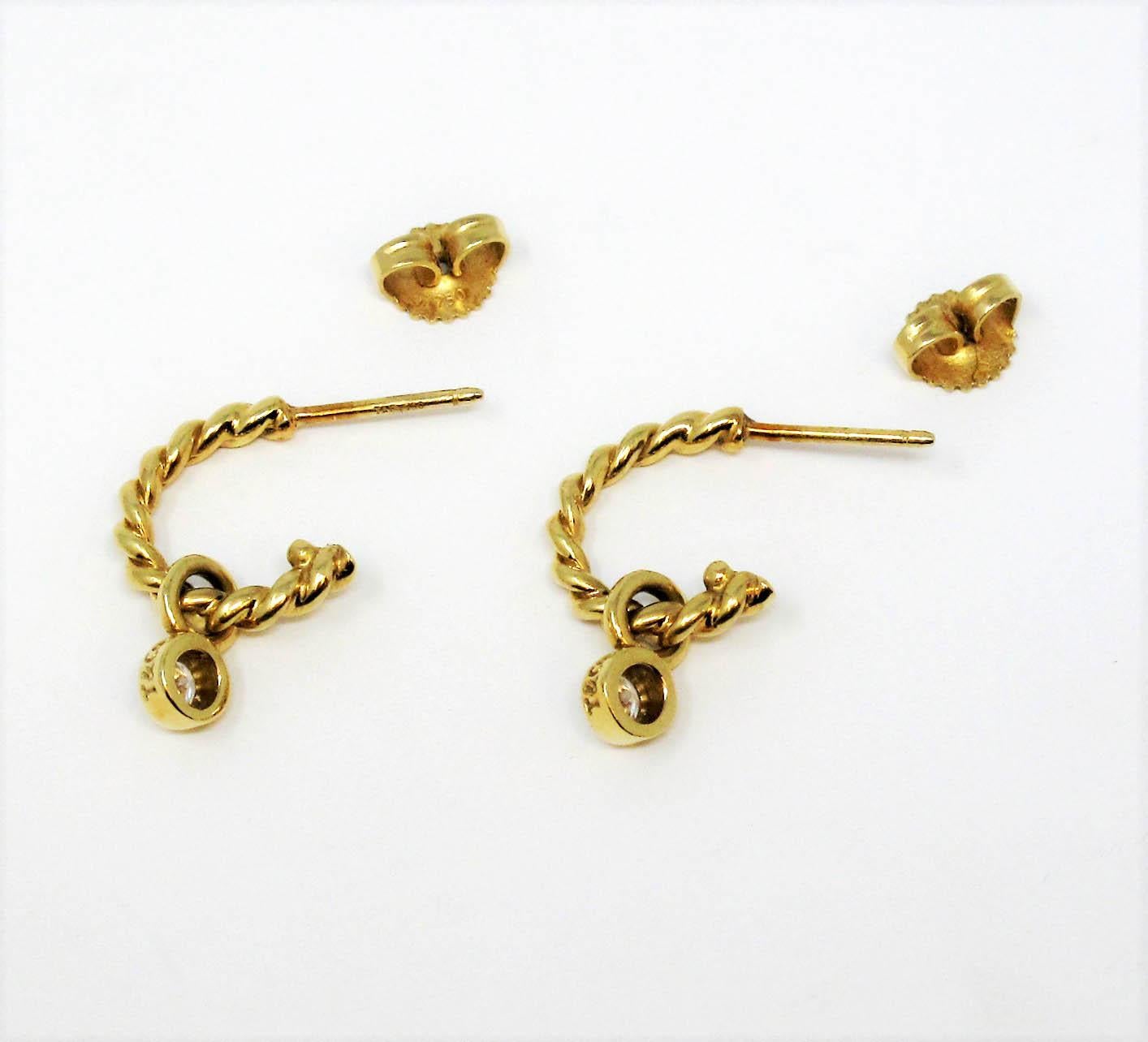 Women's Tiffany & Co. 18 Karat Yellow Gold Twisted Hoop Earrings with Diamond Dangle