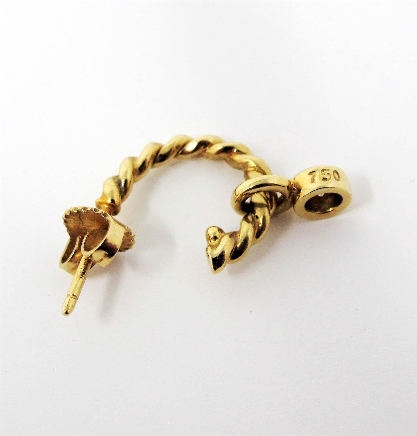Tiffany & Co. 18 Karat Yellow Gold Twisted Hoop Earrings with Diamond Dangle 1