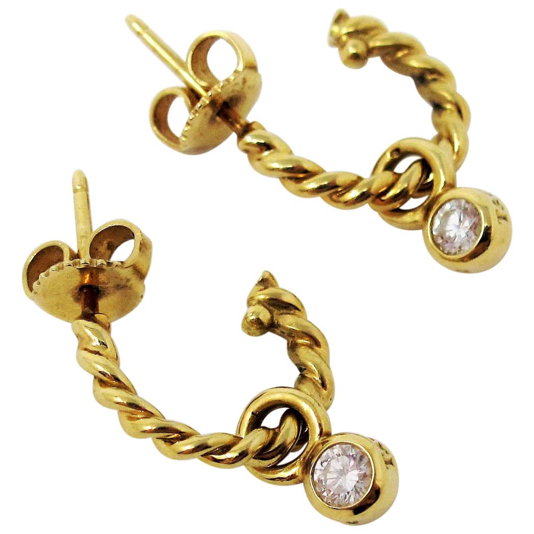 Tiffany & Co. 18 Karat Yellow Gold Twisted Hoop Earrings with Diamond Dangle