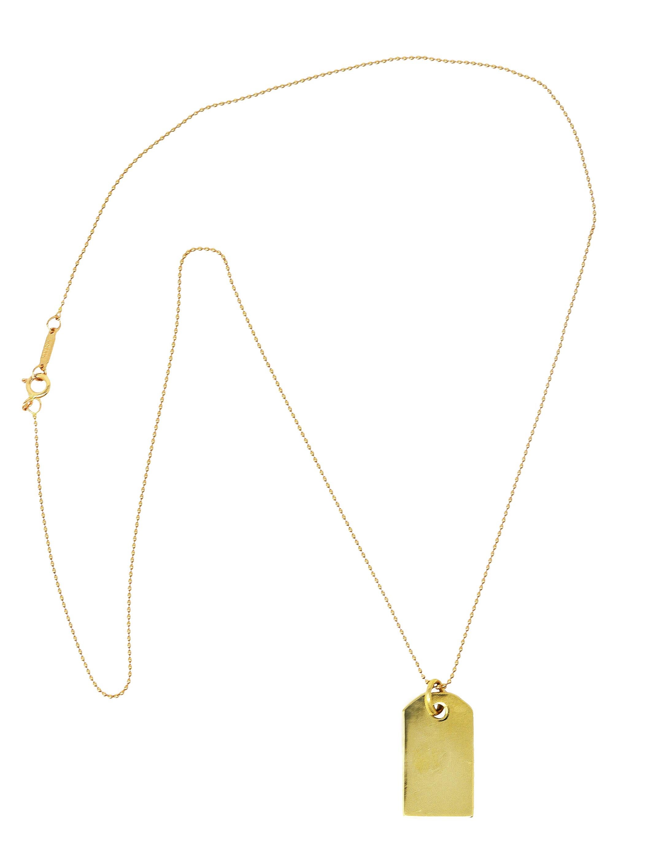 Necklace designed as bead style chain suspending tag pendant

Tag is highly polished with jump ring bale

In reference to the original Tiffany price tag

Completed by spring clasp closure

Stamped AU 750 for 18 karat gold

Fully signed Tiffany &
