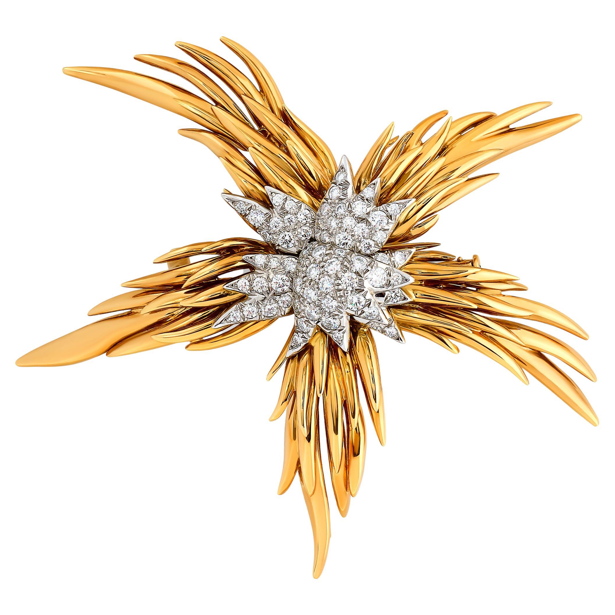 Tiffany & Co. 18 Karat Gelb & Platin Paris Flames Diamant Seestern Brosche im Angebot
