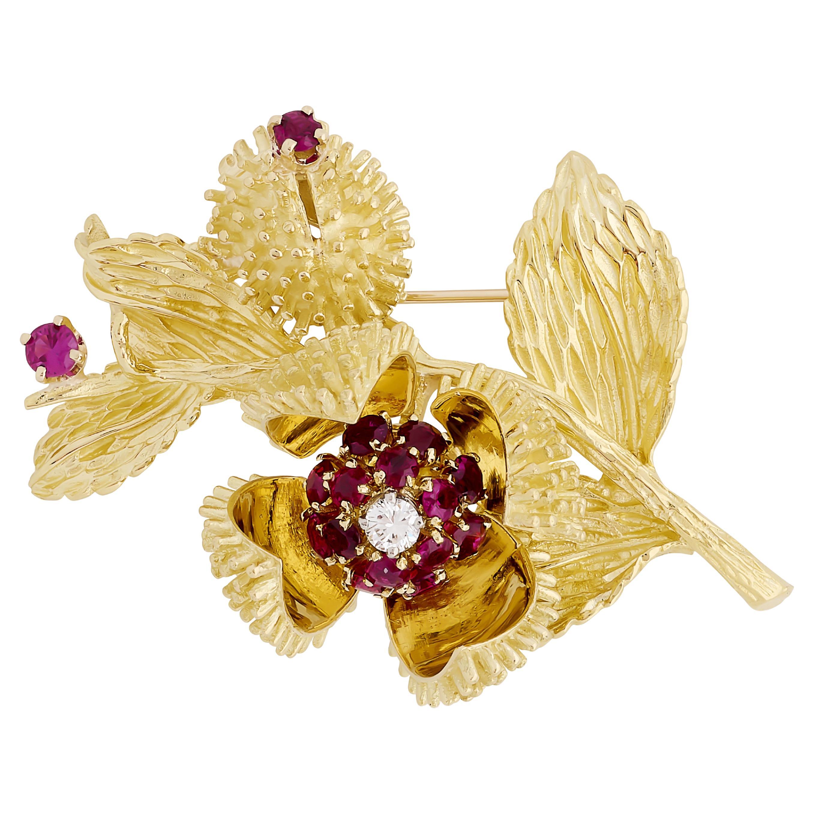 Tiffany & Co. 18 Karat Yellow Ruby and Diamond Thistle/Flower Moveable Pin