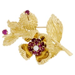 Tiffany & Co. 18 Karat Yellow Ruby and Diamond Thistle/Flower Moveable Pin