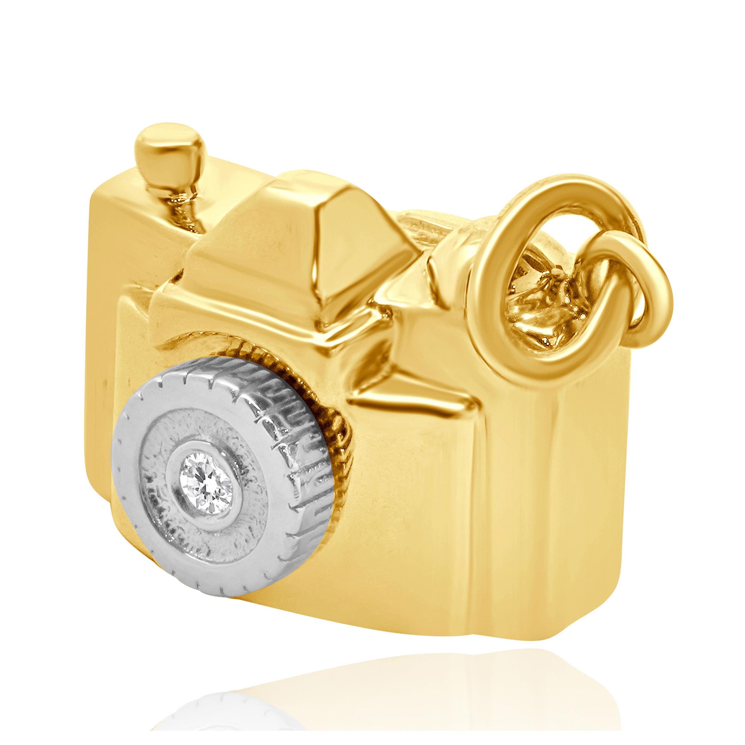 Round Cut Tiffany & Co. 18 Karat Yellow & White Gold Diamond Camera Charm	
