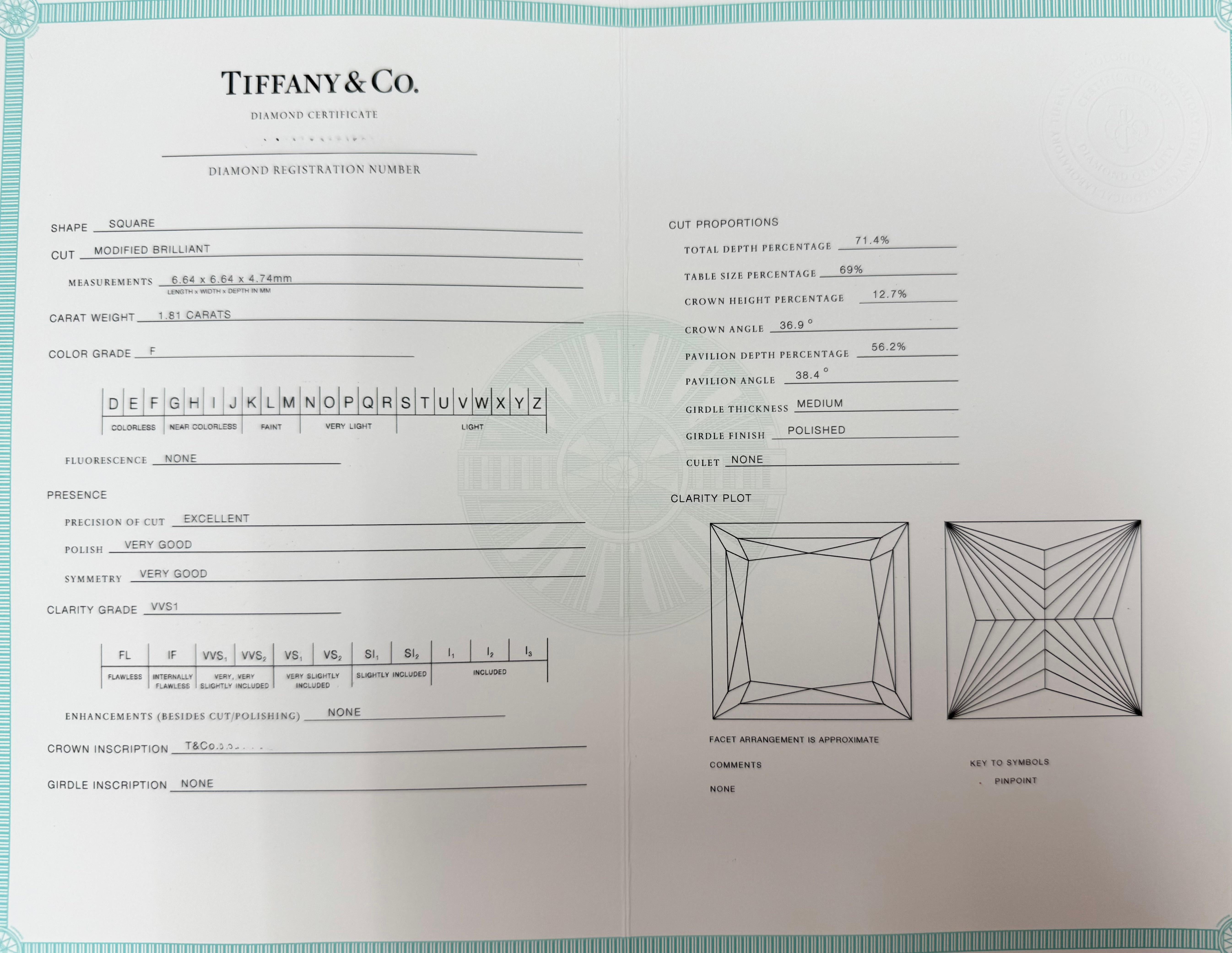 Tiffany & Co., 1.81 Carat Princess Cut Diamond Engagement Ring For Sale 2