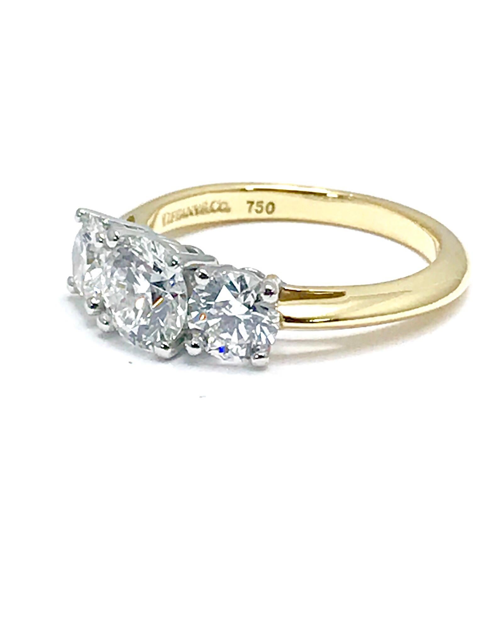 Tiffany & Co. 1.82 Carat Total Three Diamond Platinum and Yellow Gold Ring 3