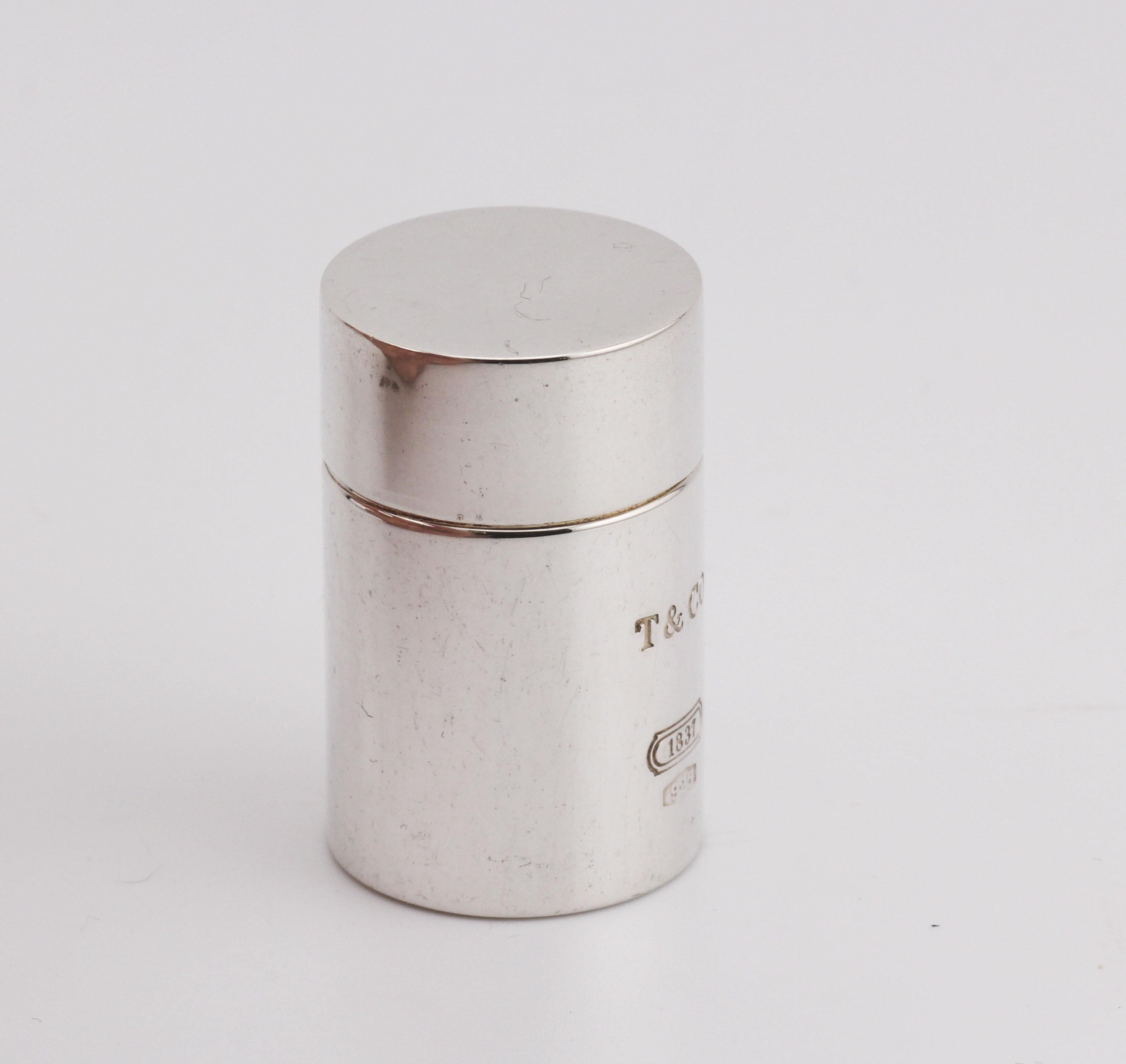 Women's or Men's Tiffany & Co. 1837 925 Sterling Silver Screw Top Pill Box Case