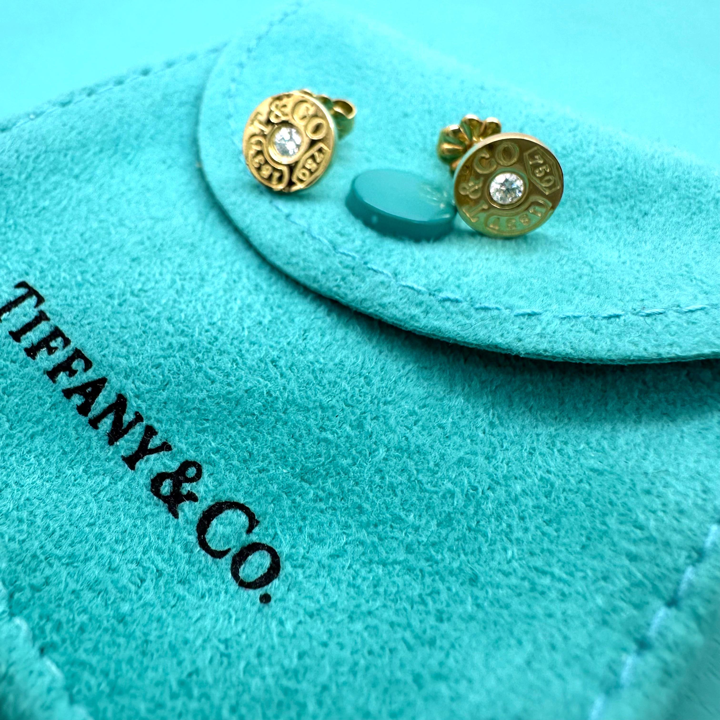 Women's or Men's Tiffany & Co 1837 Circle Earrings with Diamonds in 18kt Yellow Gold For Sale
