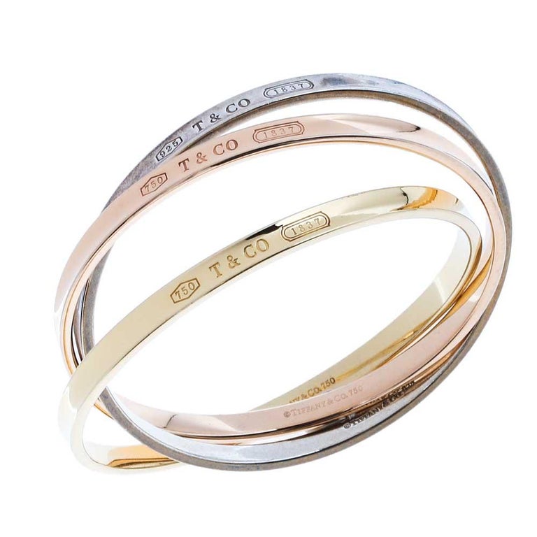 Tiffany and Co. 1837 Tricolor Circles 18K Yellow and RoseGold Silver Bangle Bracelet at 1stDibs