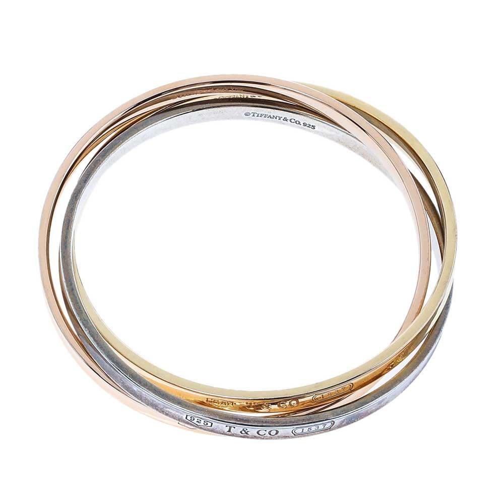 Contemporary Tiffany & Co. 1837 Tricolor Circles 18K Yellow & RoseGold Silver Bangle Bracelet