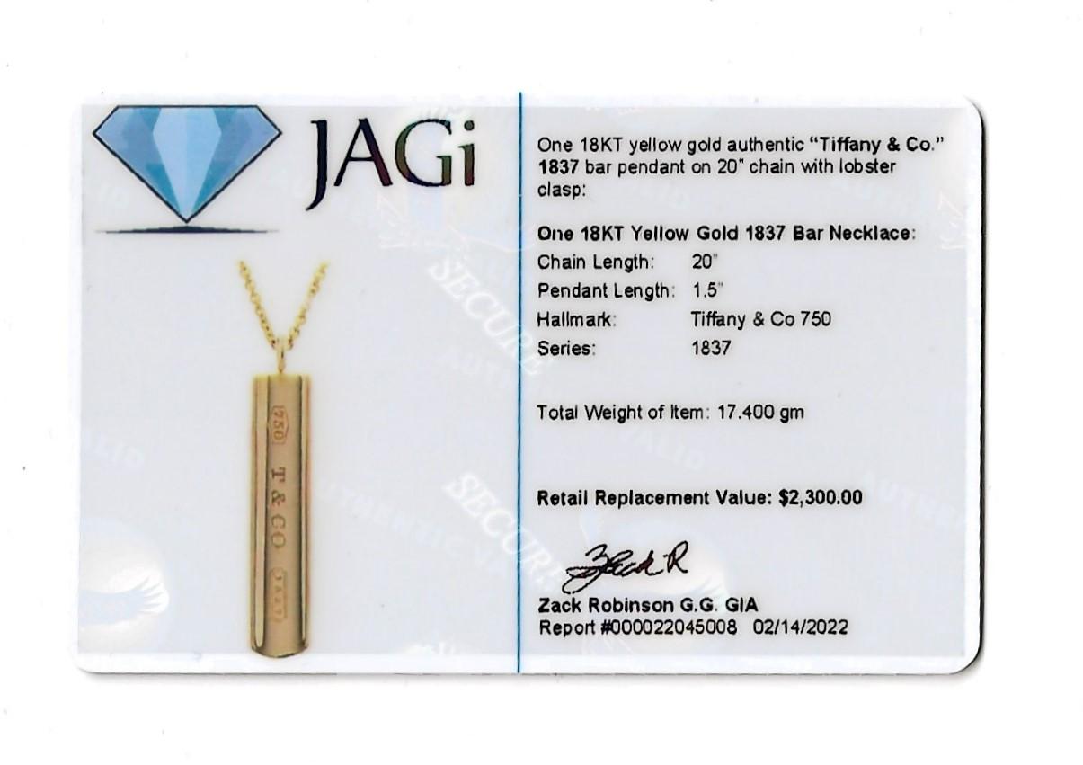 Tiffany & Co. 1837 Vertical Bar Pendant Necklace in 18 Karat Yellow Gold 4