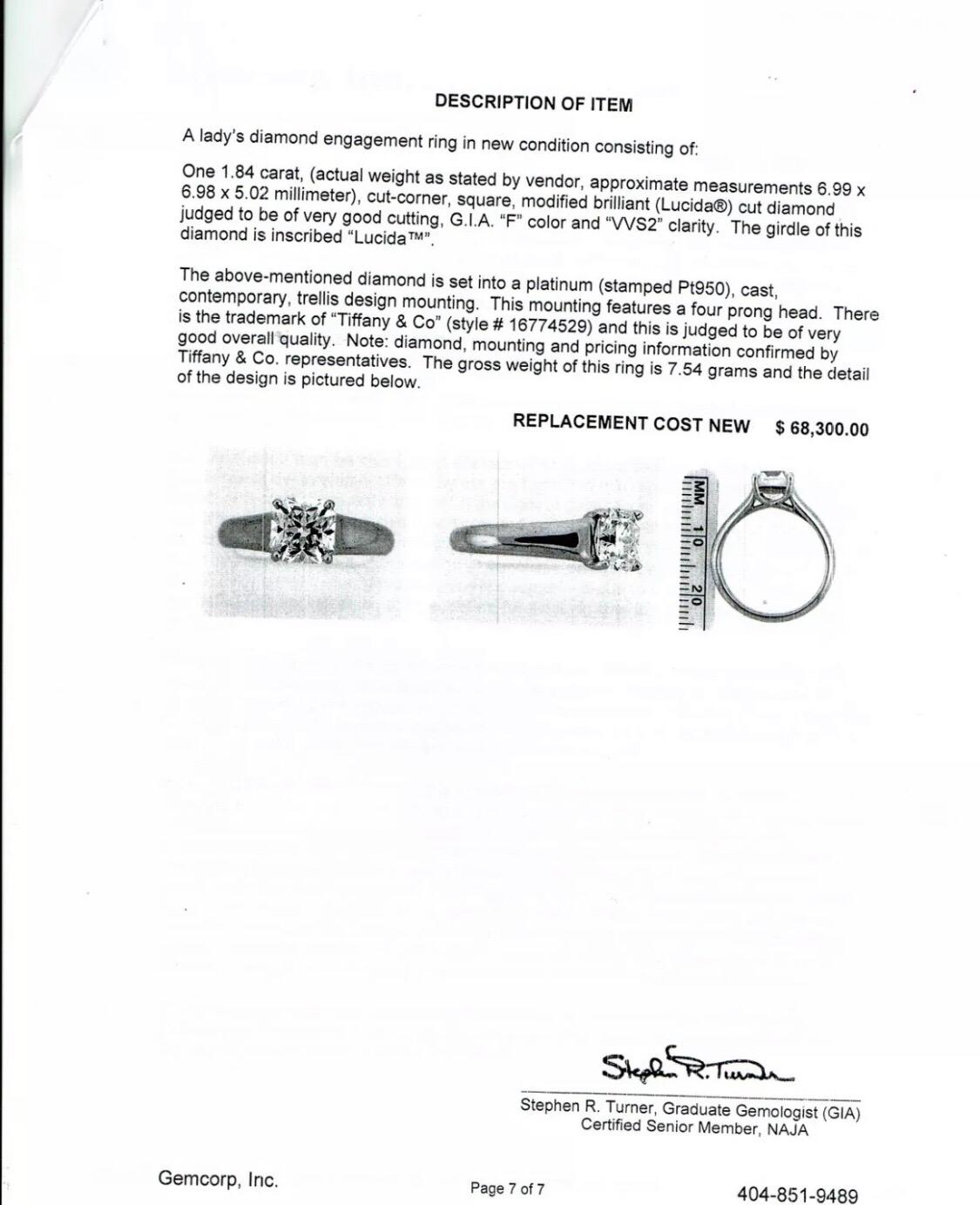 Tiffany & Co. 1.84 Carat F VVS2 Lucida Cut Platinum Diamond Engagement Ring 3