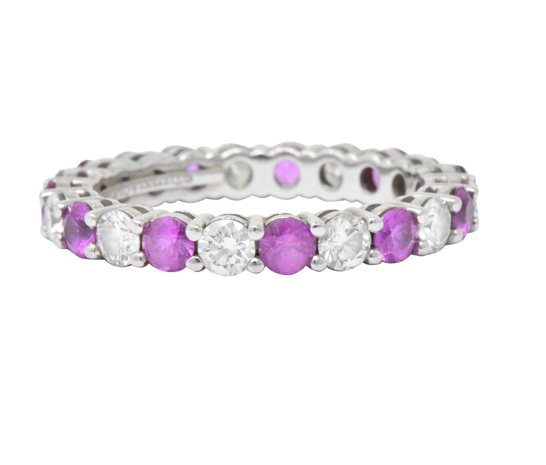  

Featuring approximately 0.77 CTW of (11) round brilliant cut diamonds F-G color and VS clarity

Alternating (11) bright pink natural sapphires weighing 1.08 CTW

From the Embrace Collection 

Fully signed Tiffany & Co. PT950

Size: 5.5 and not