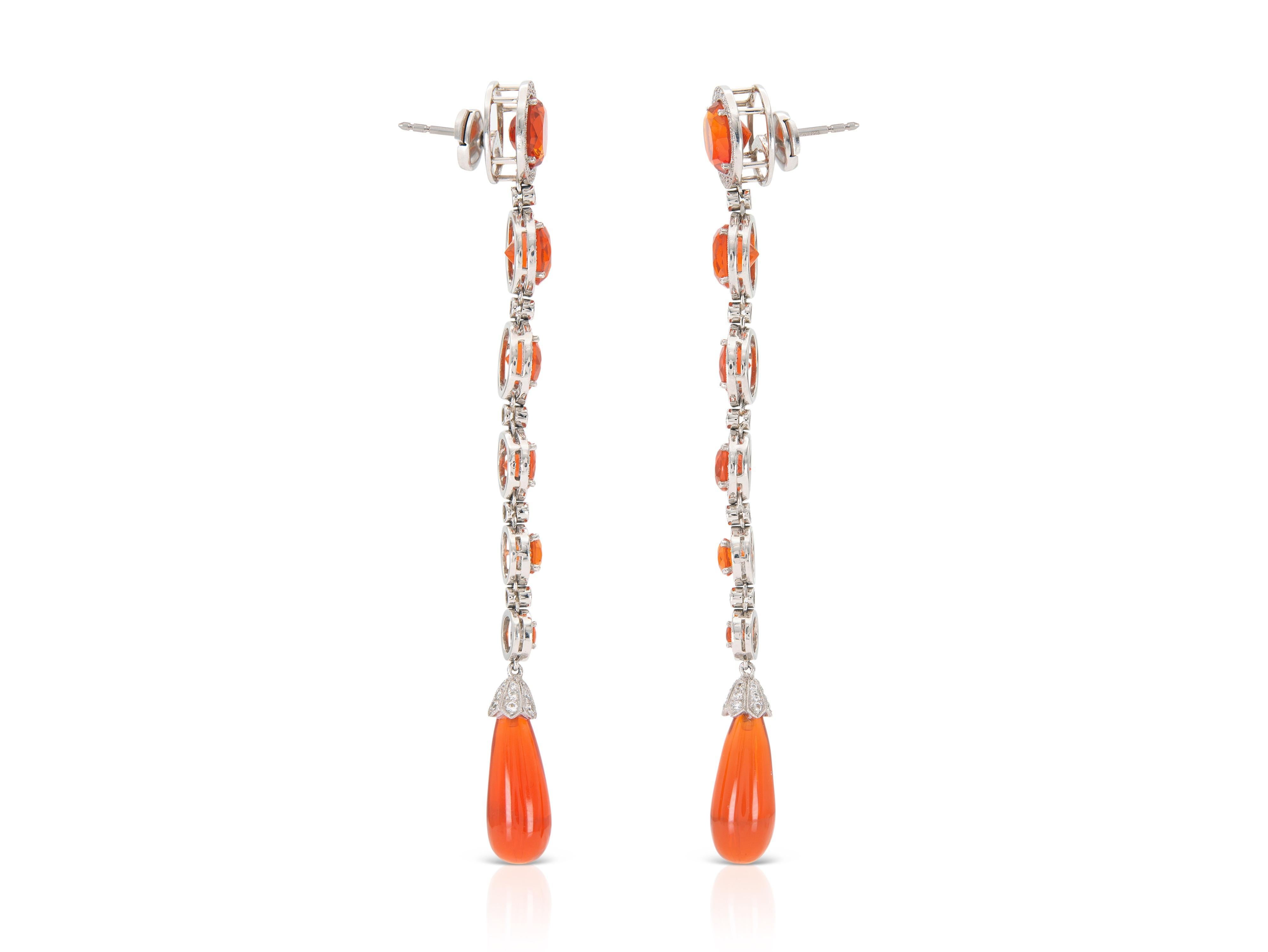Mixed Cut Tiffany & Co. 18.66 Carat Fire Opal and Diamond Dangle Earrings For Sale