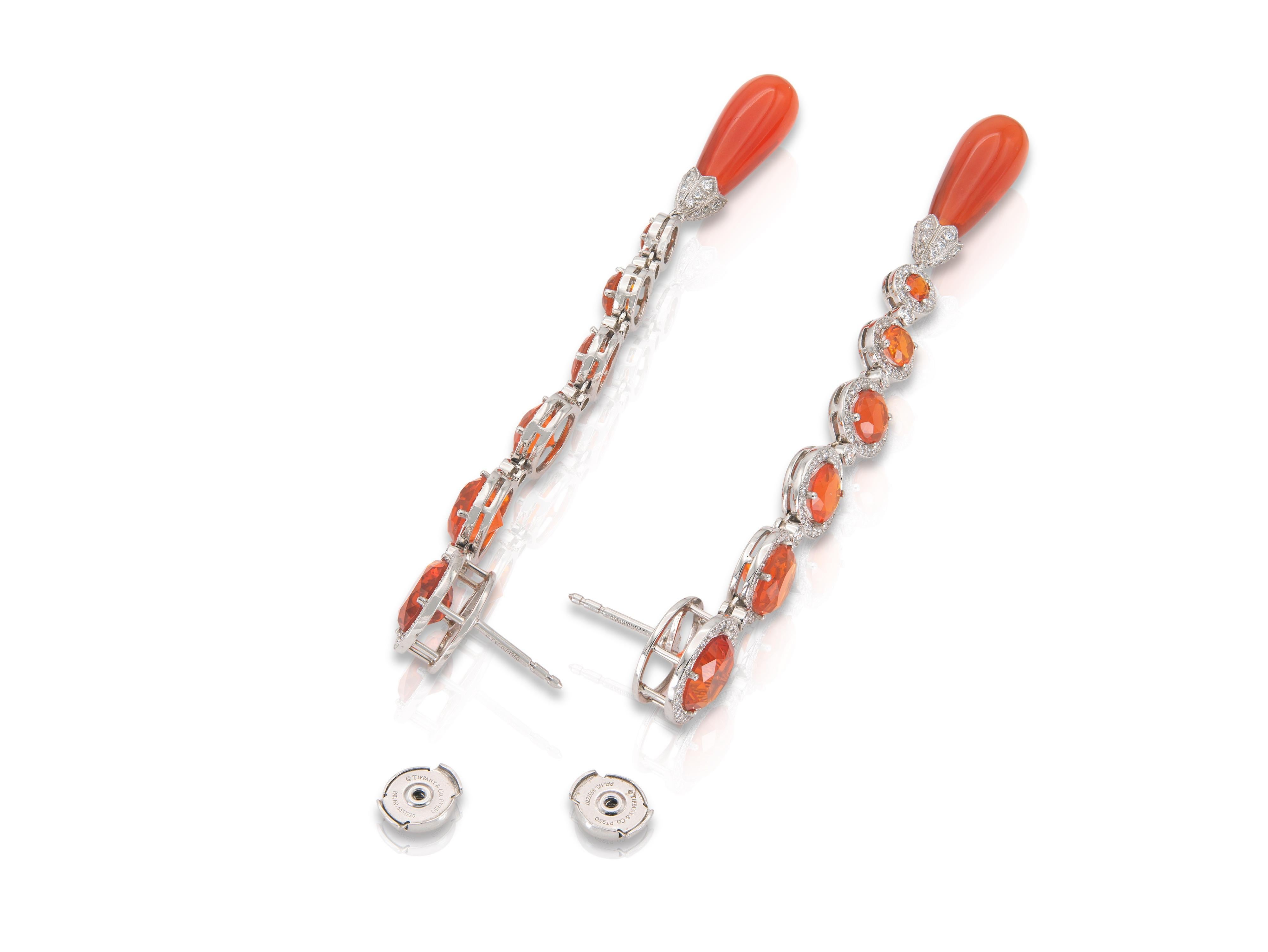 Tiffany & Co. 18.66 Carat Fire Opal and Diamond Dangle Earrings In Good Condition For Sale In New York, NY