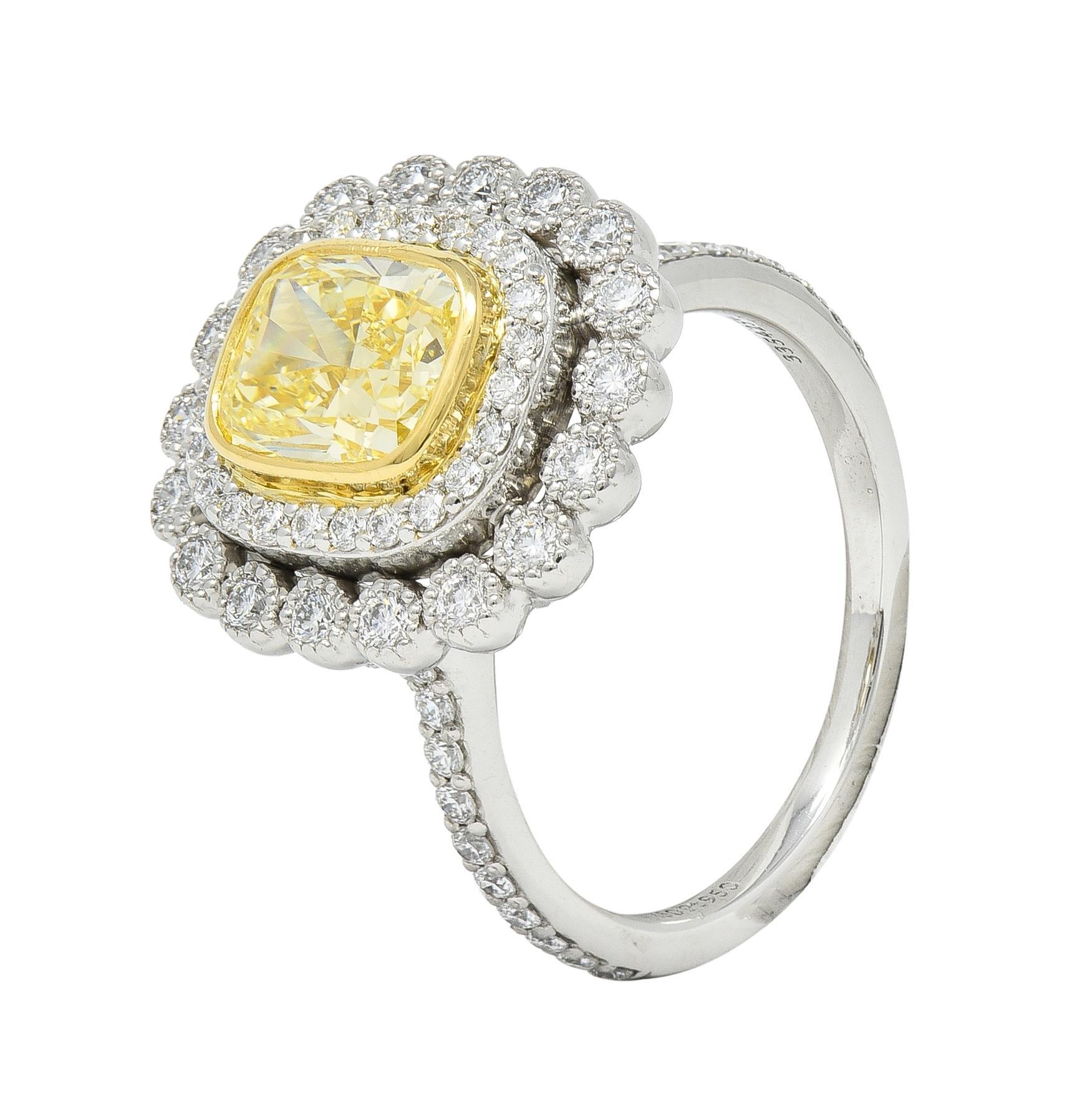 Tiffany & Co. 1.87 CTW Fancy Yellow Diamond Platinum 18 Karat Soleste Halo Ring 4