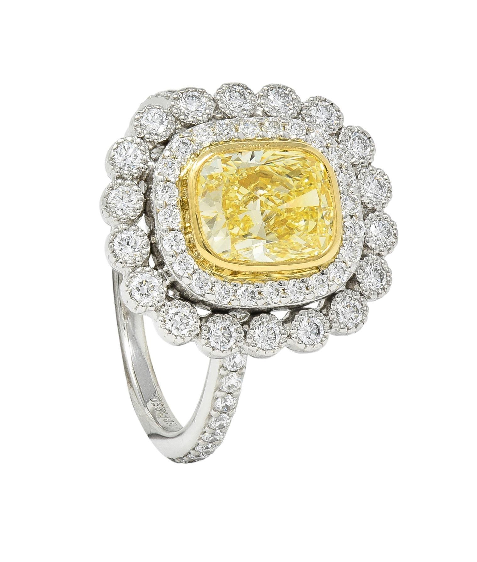 Tiffany & Co. 1.87 CTW Fancy Yellow Diamond Platinum 18 Karat Soleste Halo Ring 7