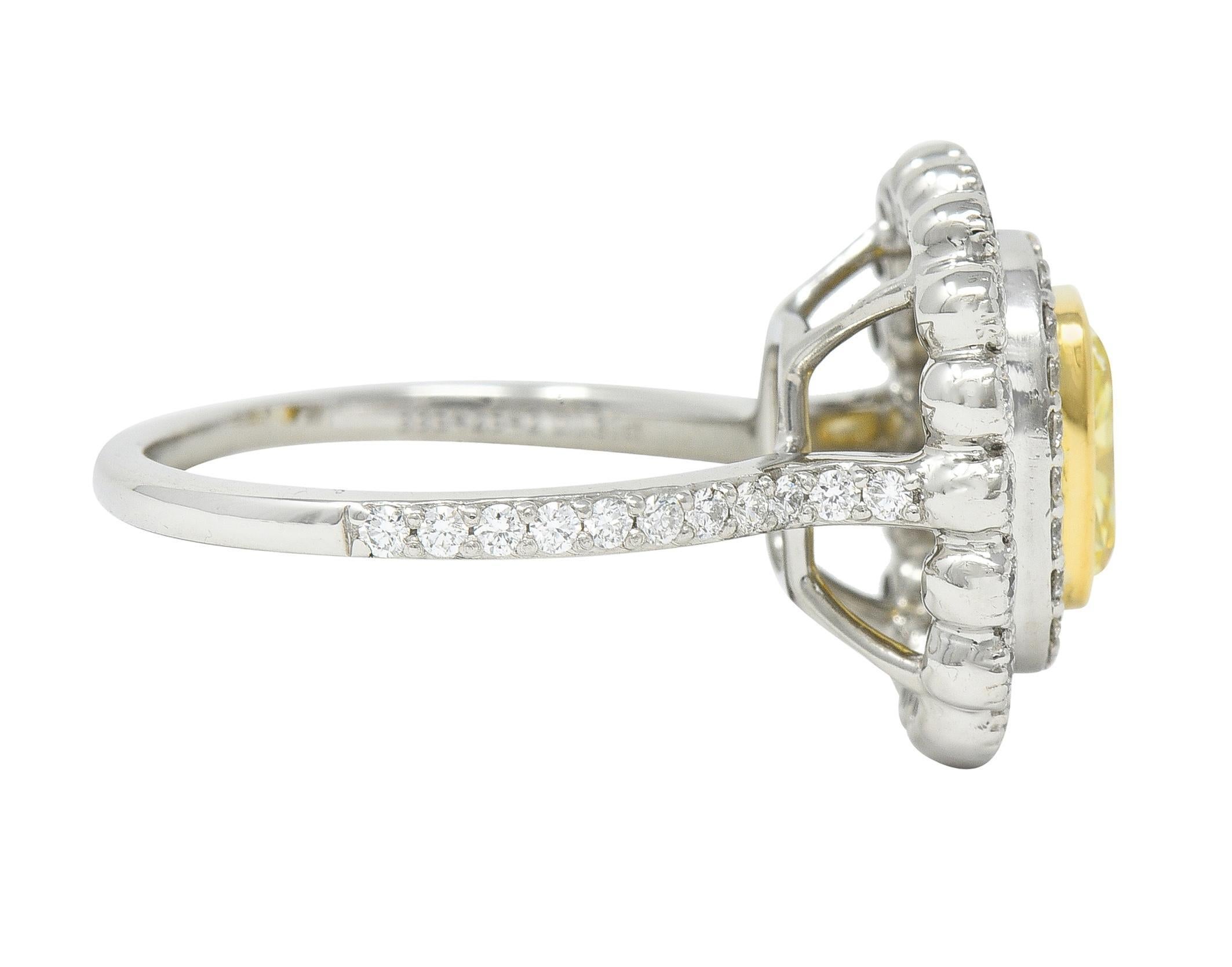 Cushion Cut Tiffany & Co. 1.87 CTW Fancy Yellow Diamond Platinum 18 Karat Soleste Halo Ring