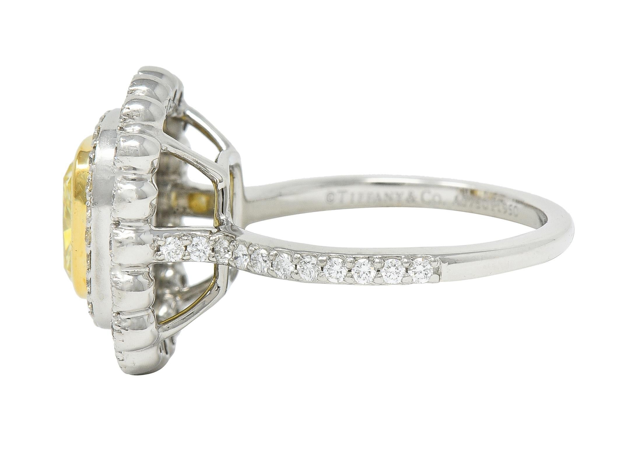Women's or Men's Tiffany & Co. 1.87 CTW Fancy Yellow Diamond Platinum 18 Karat Soleste Halo Ring