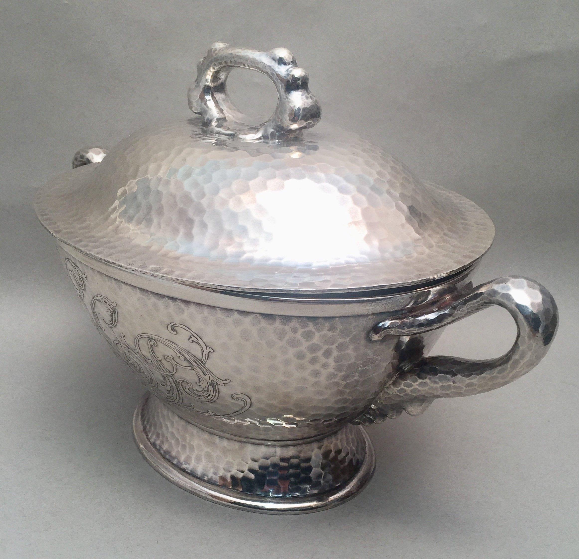 Japonisme Tiffany & Co Hand Hammered Sterling Silver Japanesque 1879 Tureen wth Handles For Sale