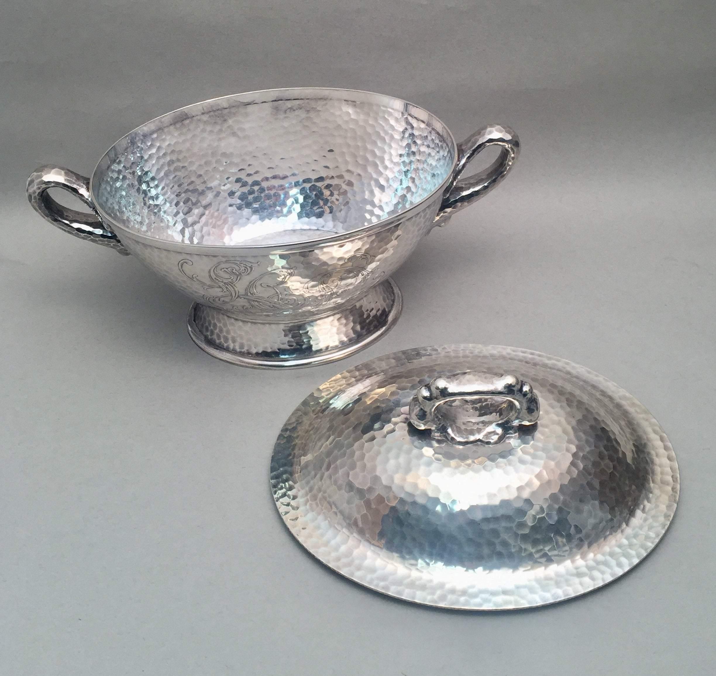 Late 19th Century Tiffany & Co Hand Hammered Sterling Silver Japanesque 1879 Tureen wth Handles For Sale