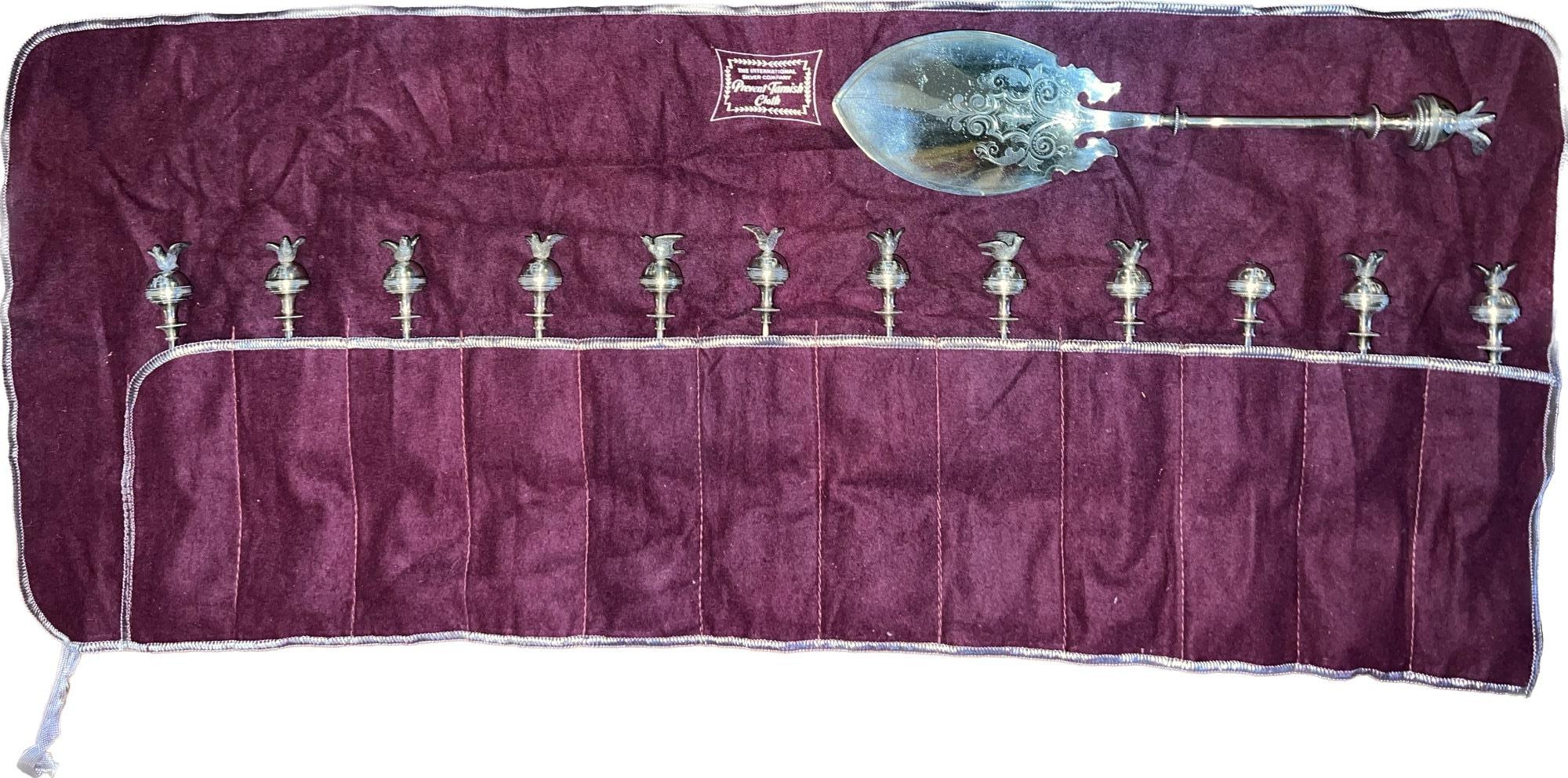 Late 19th Century Tiffany & Co 1880s Sterling Silver Bird on Top 12 Dessert Spoons with Server