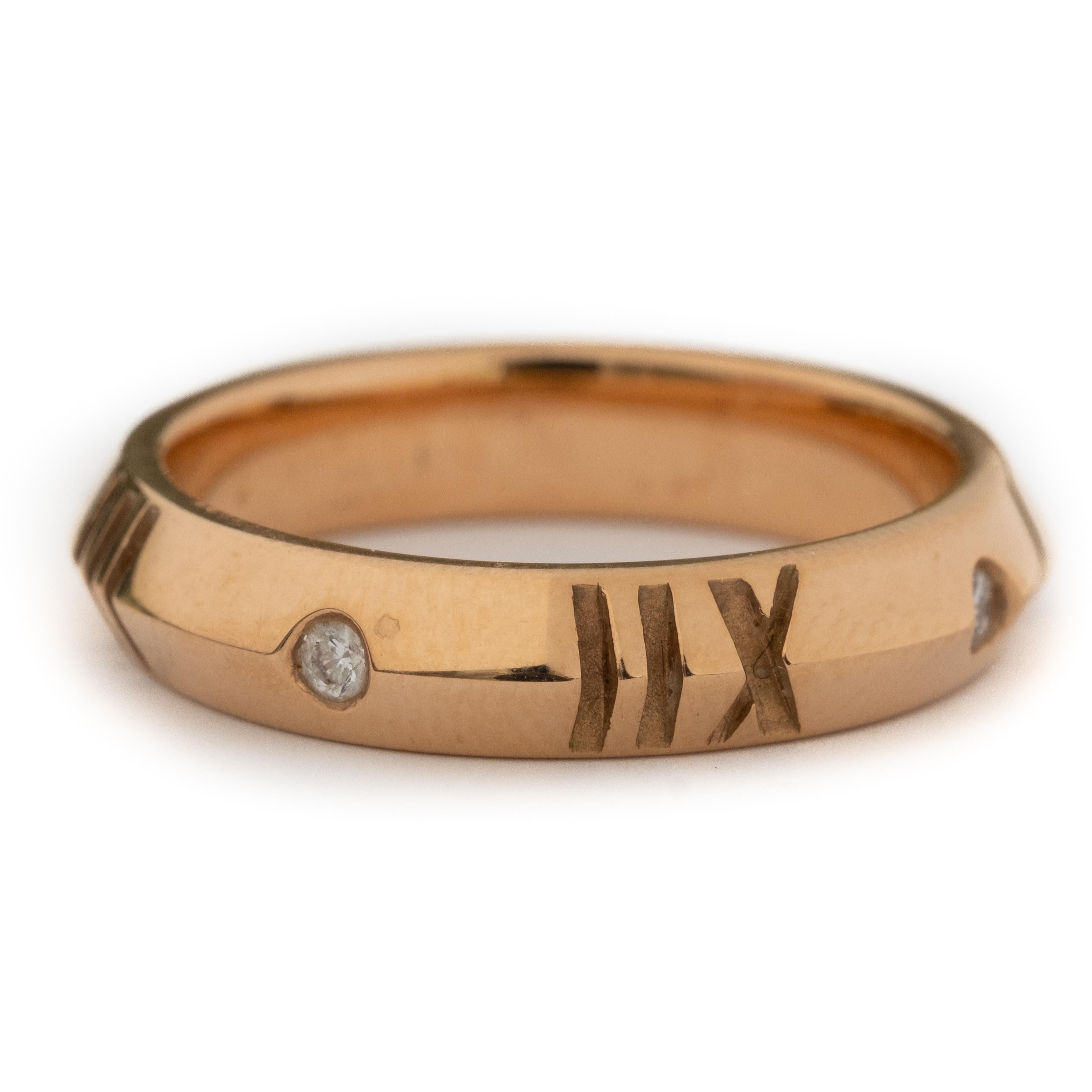 Tiffany and Co 18k diamond Atlas ring, 4.9dwts, size 8. Tiffany and Co 18k diamond Atlas ring, 4.9dwts, size 8. Highly polished 18k rose gold and four hand-set diamonds define this closed narrow ring style. The sleek knife edge profile of this
