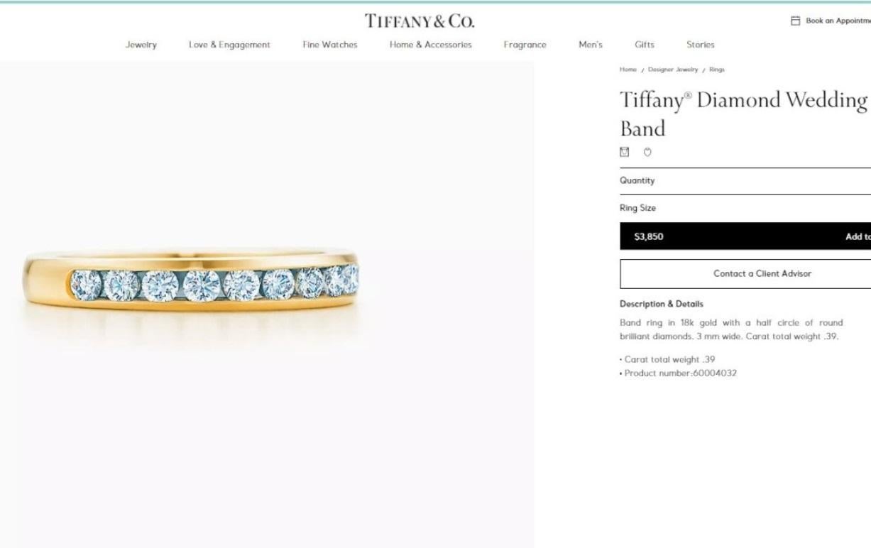 TIFFANY & Co. 18K Gold 3mm Half Circle Diamond Wedding Band Ring 7.5  For Sale 3
