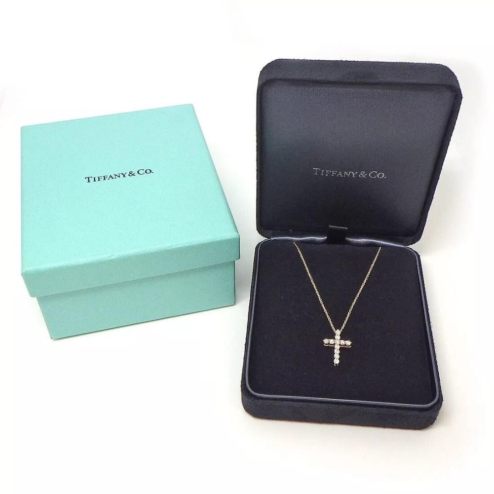 Round Cut TIFFANY & Co. 18K Gold .42ct Diamond Cross Pendant Necklace For Sale