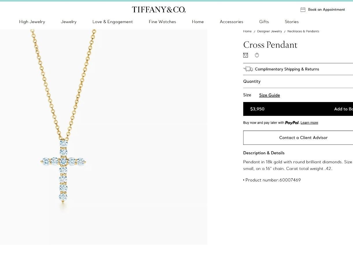 Round Cut TIFFANY & Co. 18K Gold .42ct Diamond Cross Pendant Necklace For Sale