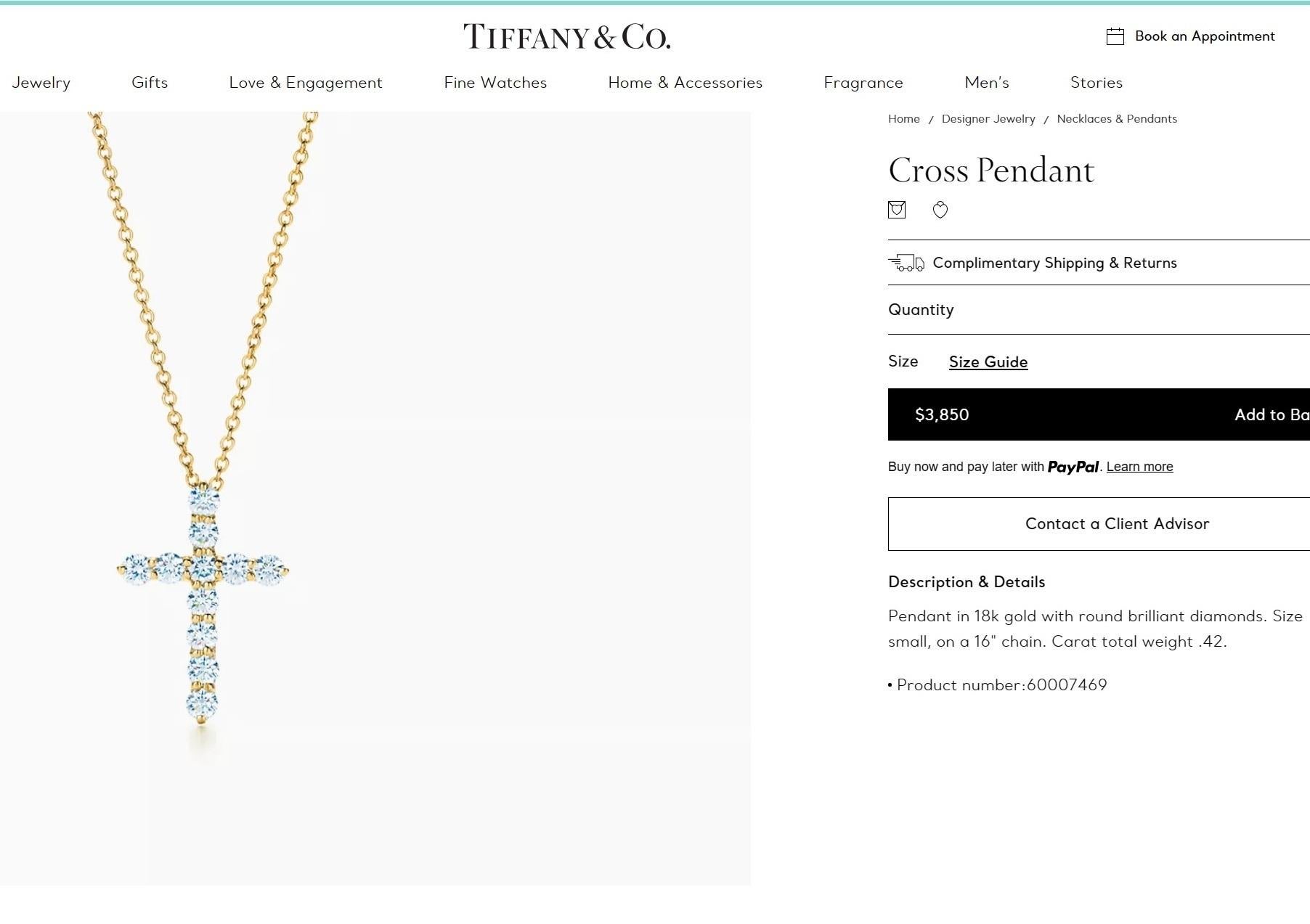 TIFFANY & Co. 18K Gold .42ct Diamond Cross Pendant Necklace For Sale 1