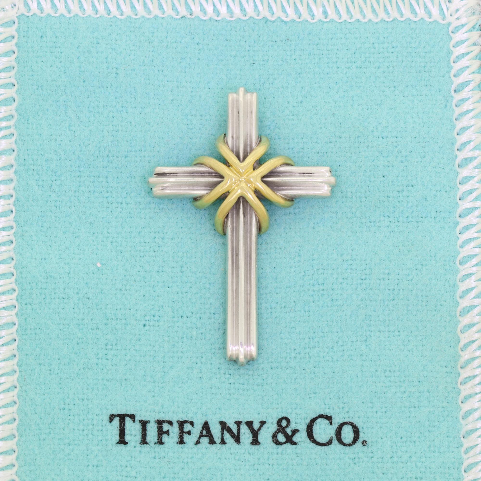 Modern Tiffany & Co 18k Gold & 925 Sterling Silver Christian Cross Pendant for Necklace