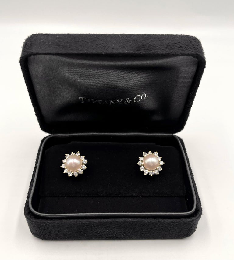 Tiffany and Co. 18k Gold Akoya Pearl Diamond Earrings at 1stDibs