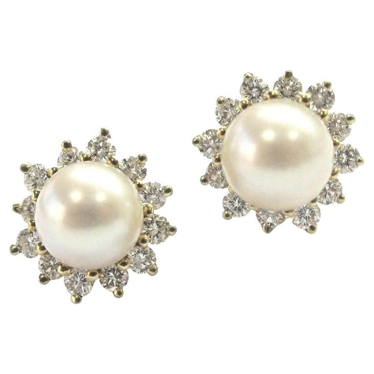 Tiffany and Co. 18k Gold Akoya Pearl Diamond Earrings at 1stDibs